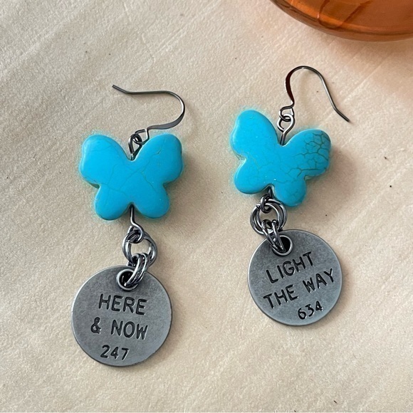 2/$29 Handmade Blue Marble Magnesite Butterfly 2.5” Statement Earrings Women’s - Picture 1 of 5